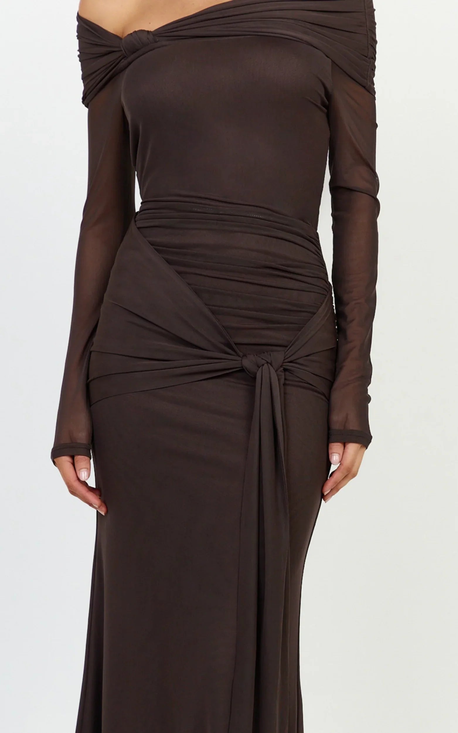 Waverly Maxi Dress - Long Sleeve Off Shoulder Dress in Chocolate
