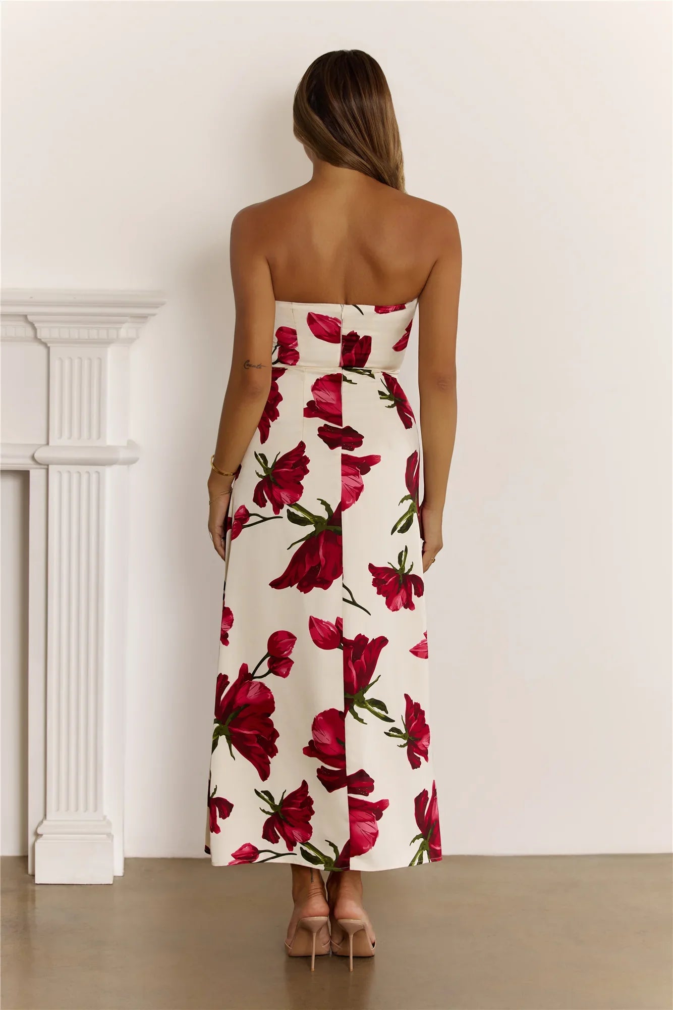 Floral Satin Strapless Folded Maxi Dress Red
