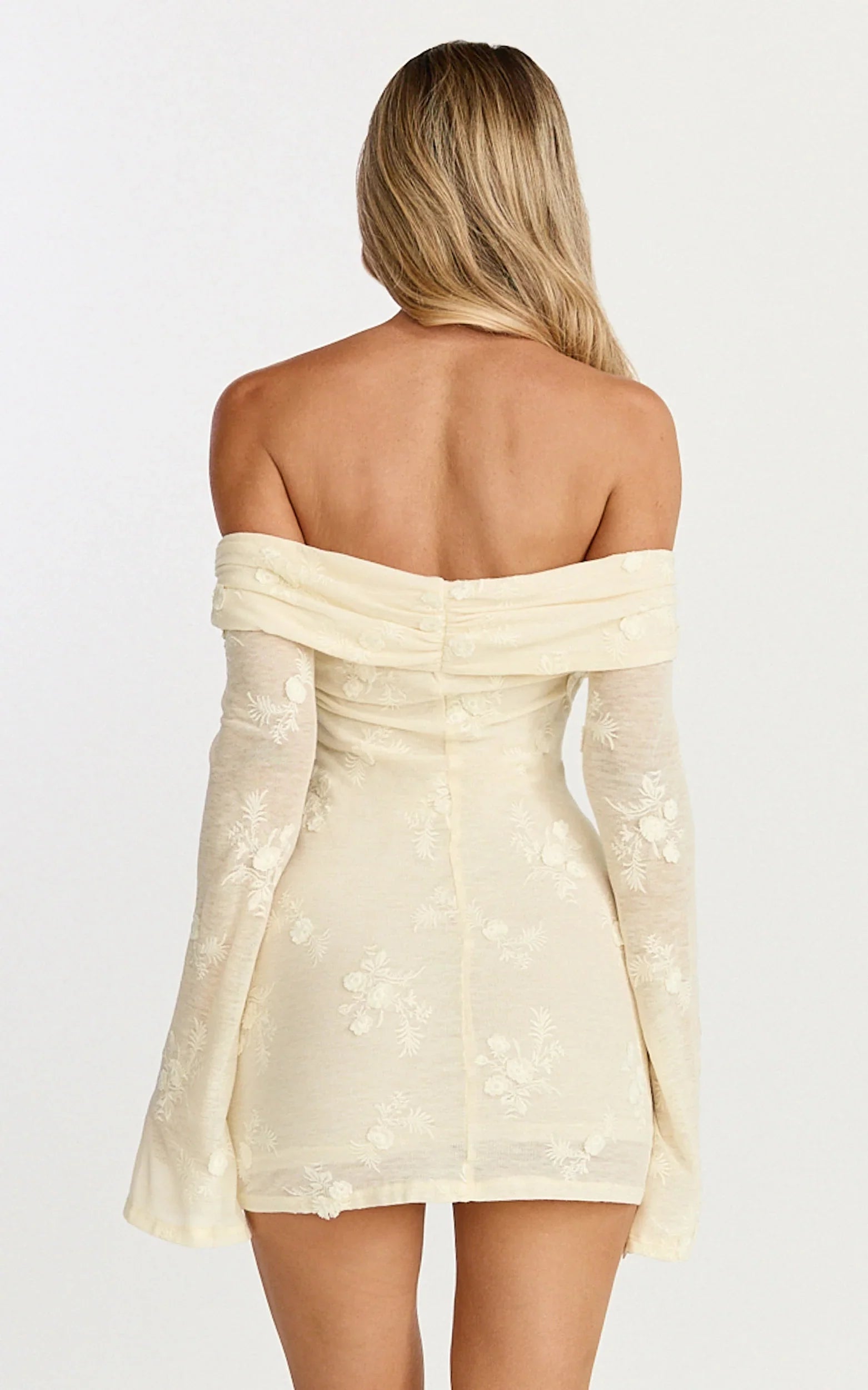 Raymond Mini Dress - Off Shoulder Long Sleeve Fitted Dress in Lemon