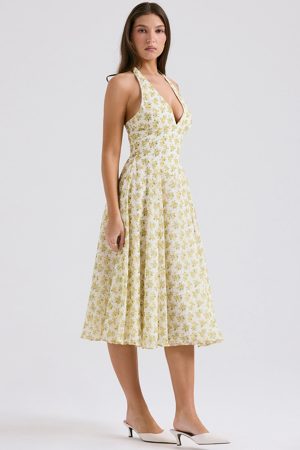ivory vintage floral print georgette halter sundress