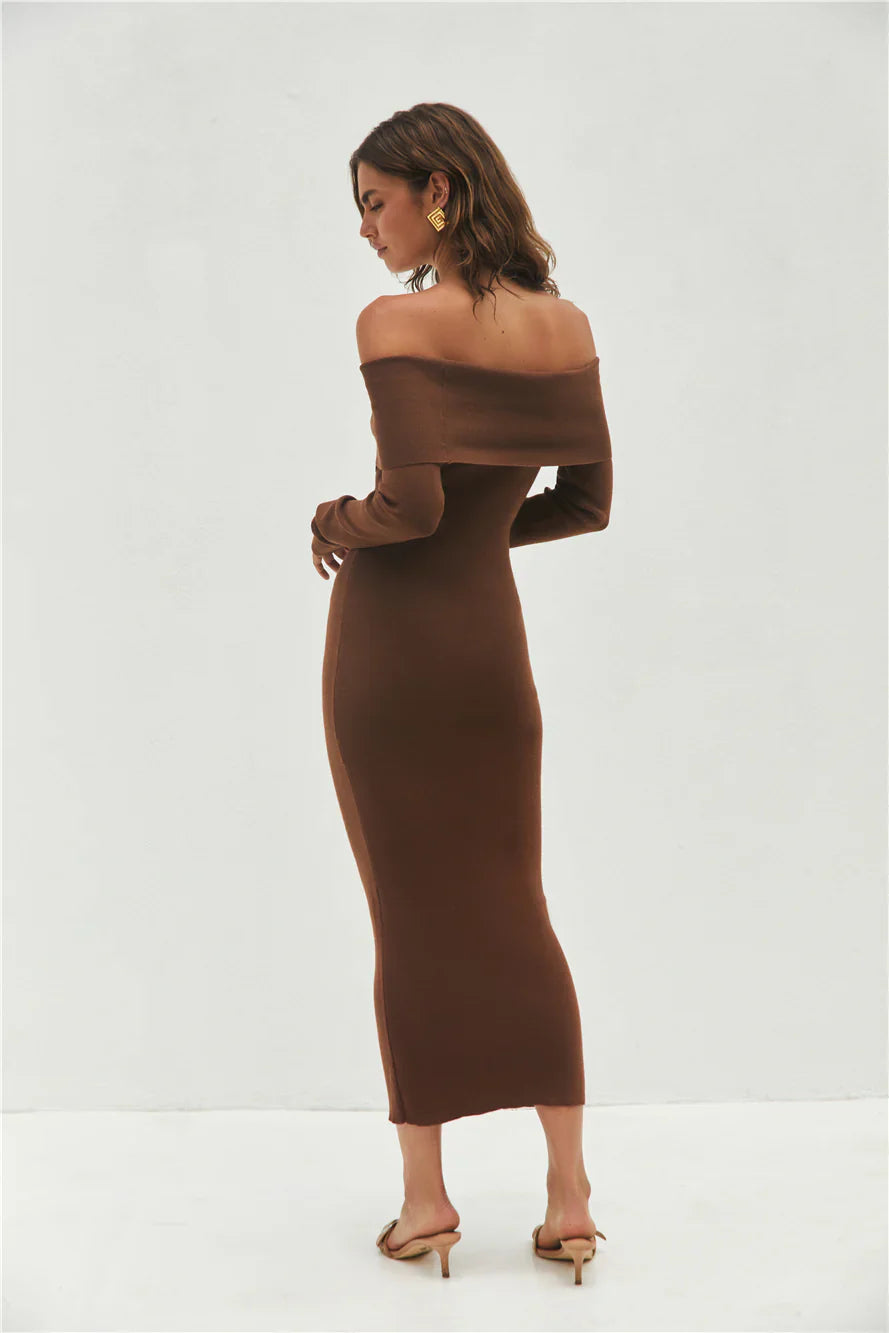 Angels Sing Off Shoulder Knit Maxi Dress Chocolate