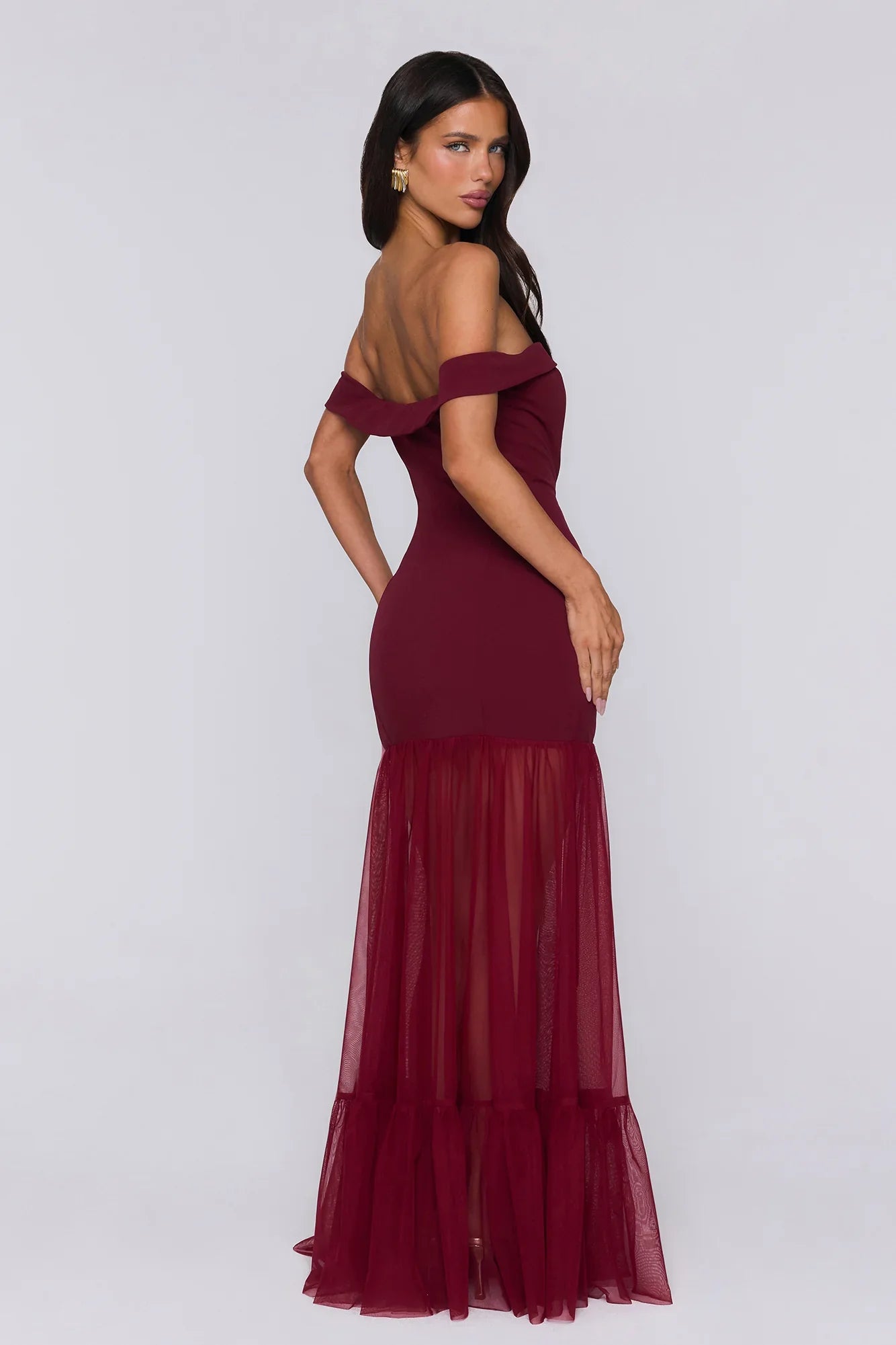 Pretty Lullaby Off Shoulder Maxi Dress Burgundy