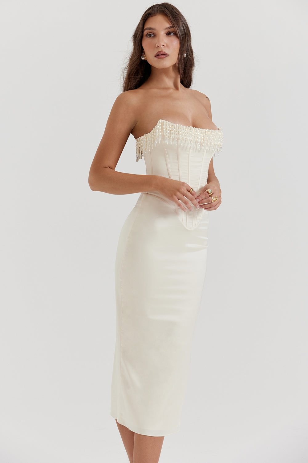 vintage cream embellished strapless dress