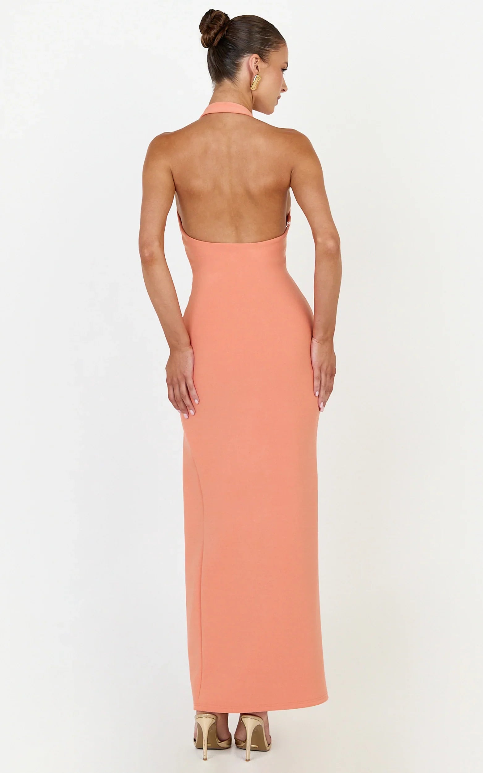 Ruby Maxi Dress - Halter Scoop Neck Low Back Bodycon Dress in Coral
