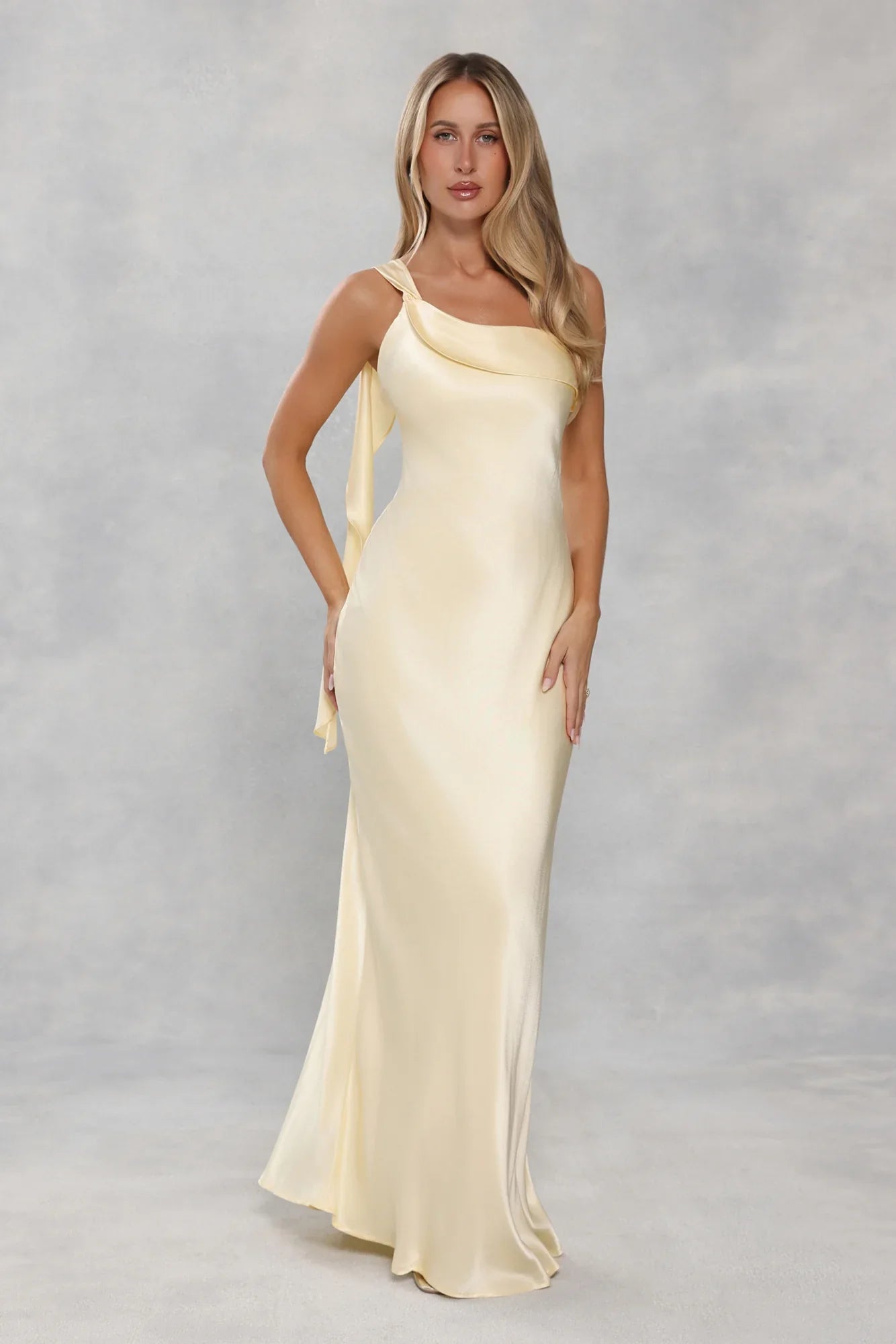 The Zafira One Shoulder Satin Maxi Dress Yellow