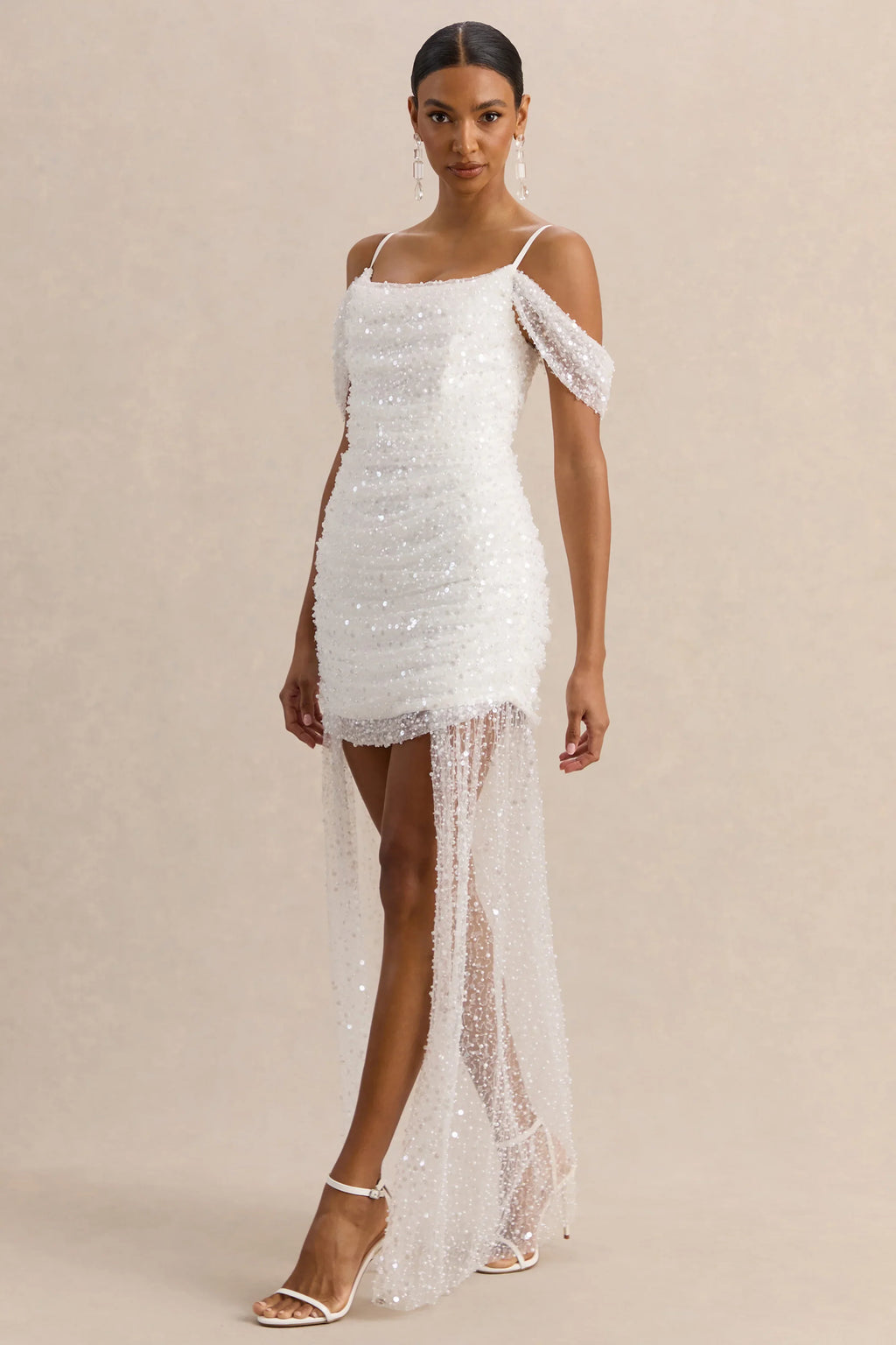 Millie | White Mesh Bardot-Neck Mini Dress With Draped Detailing