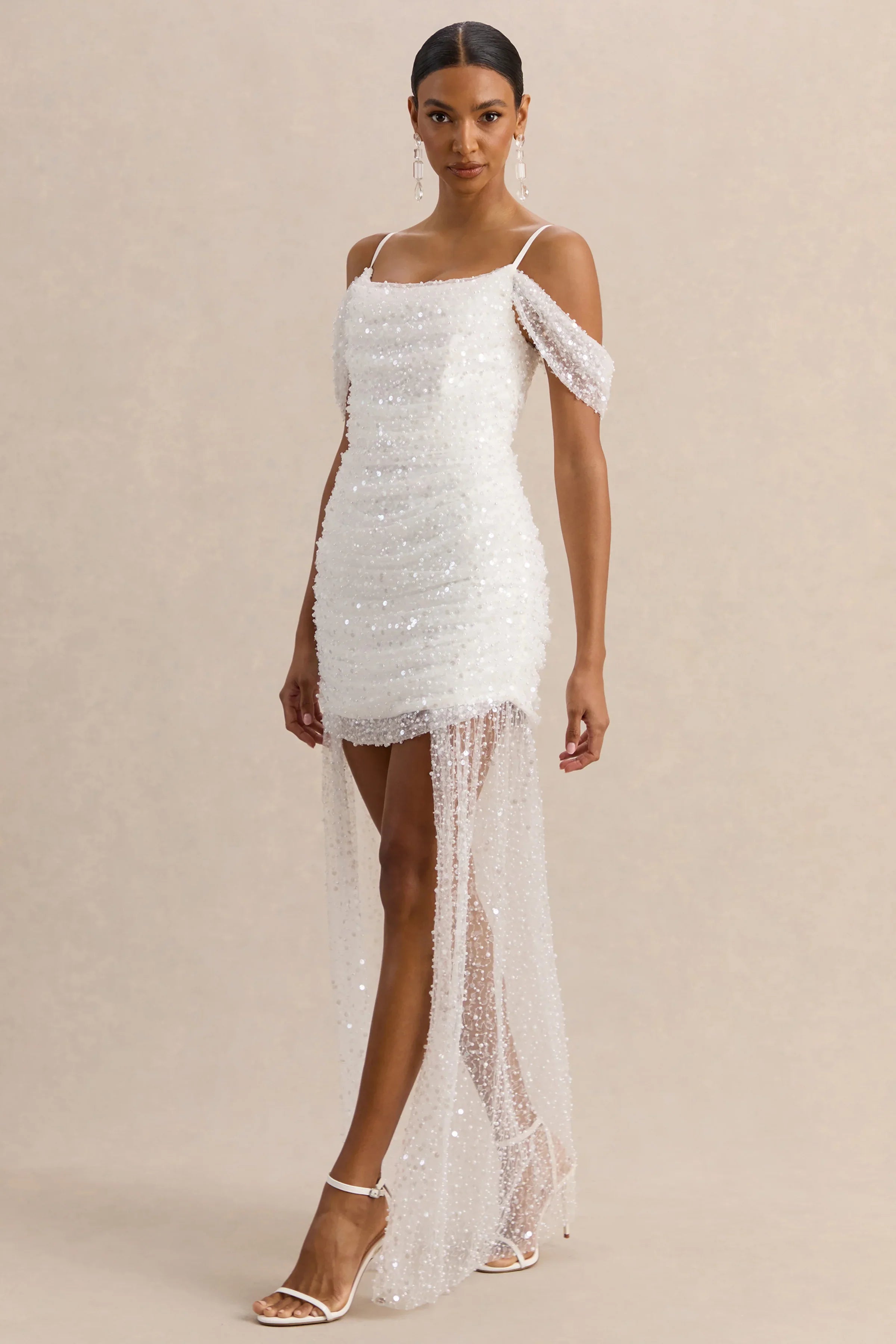 Millie | White Mesh Bardot-Neck Mini Dress With Draped Detailing