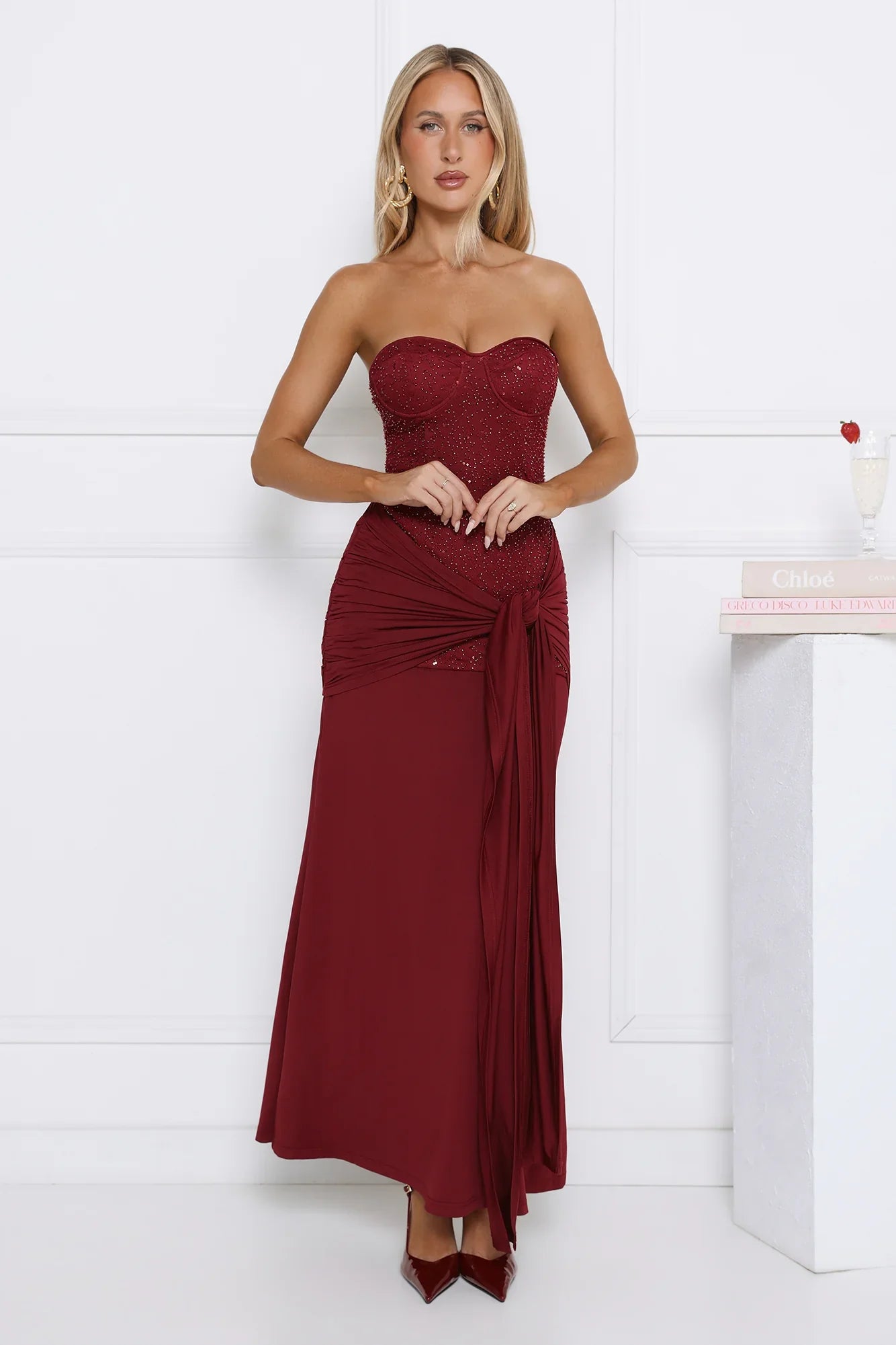 Signature Nights Embellished Strapless Maxi Dress Red