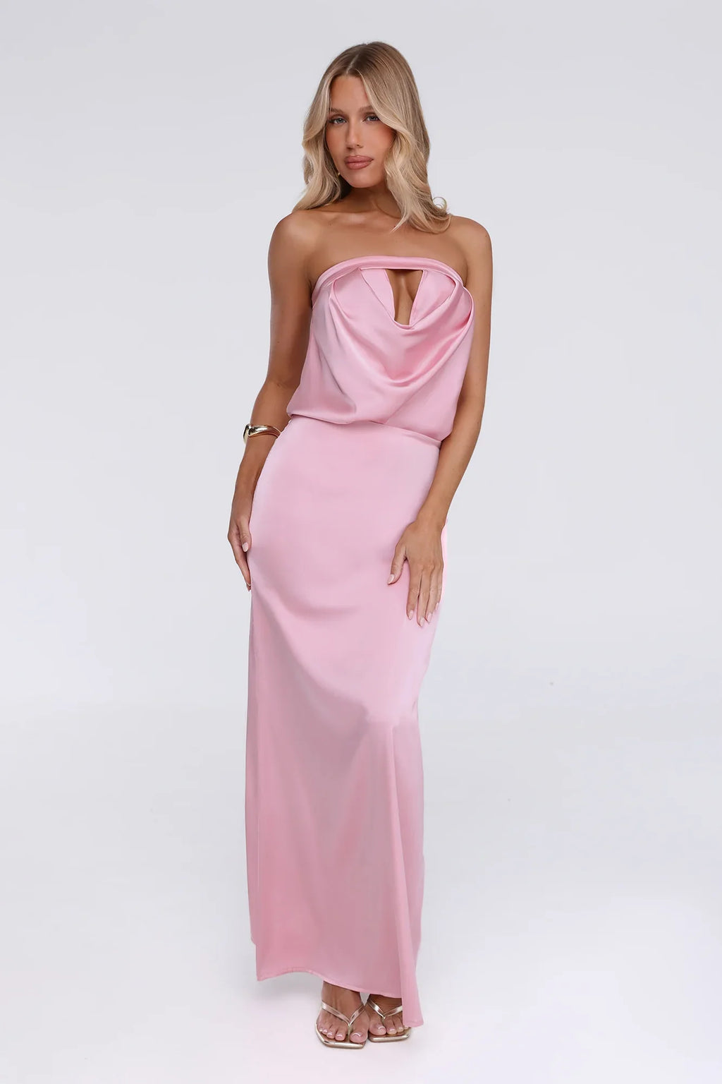 It’s Giving Everything Satin Strapless Maxi Dress Pink
