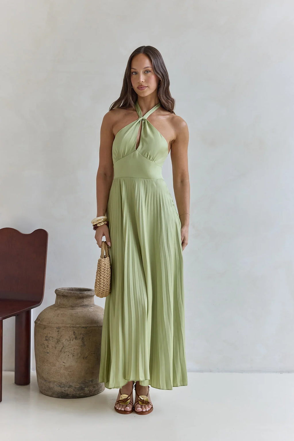 Perfect In Plisse Halter Maxi Dress Green