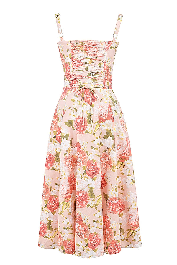 pink peony print cotton bustier sundress