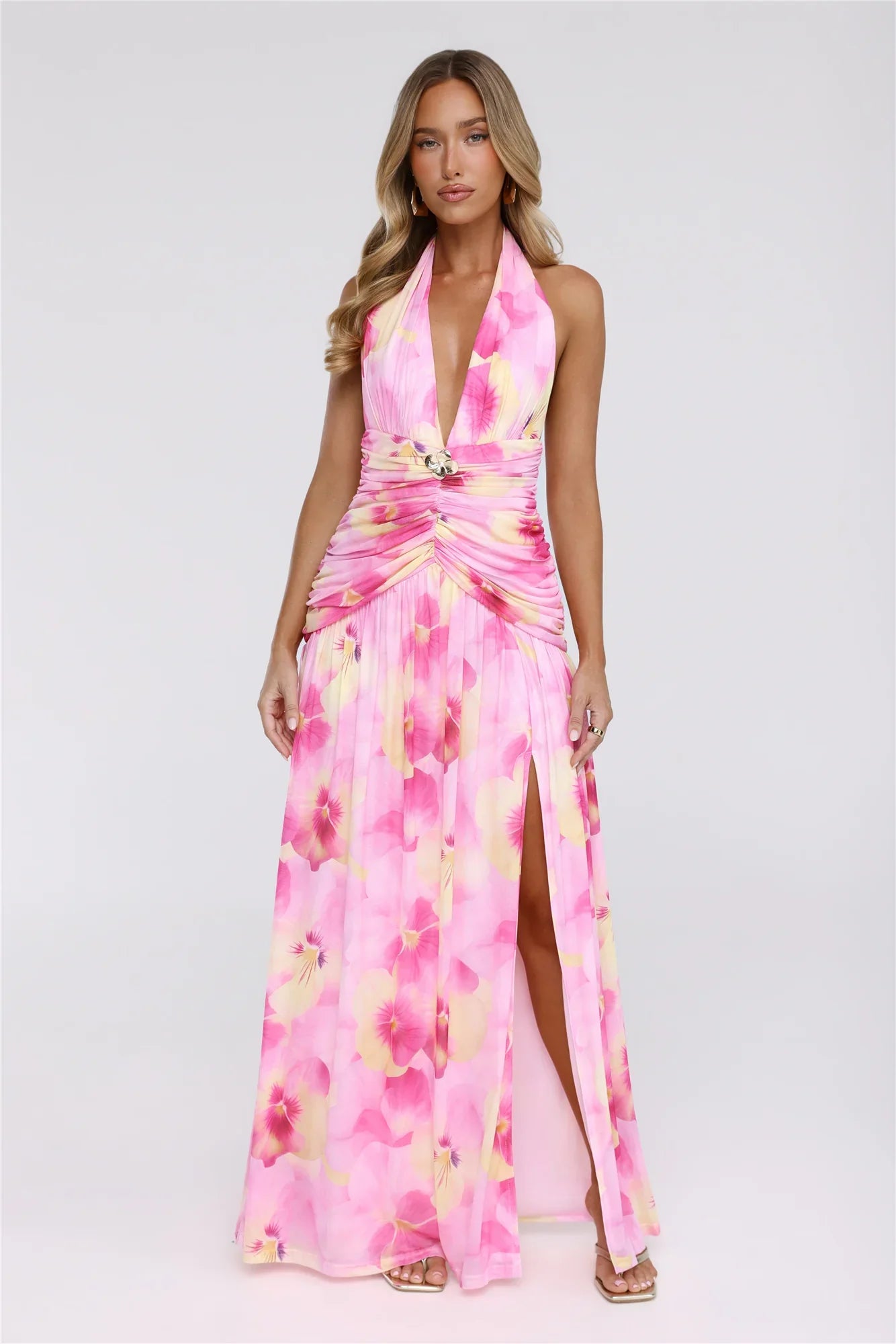 Darlingly Done Halter Mesh Maxi Dress Pink