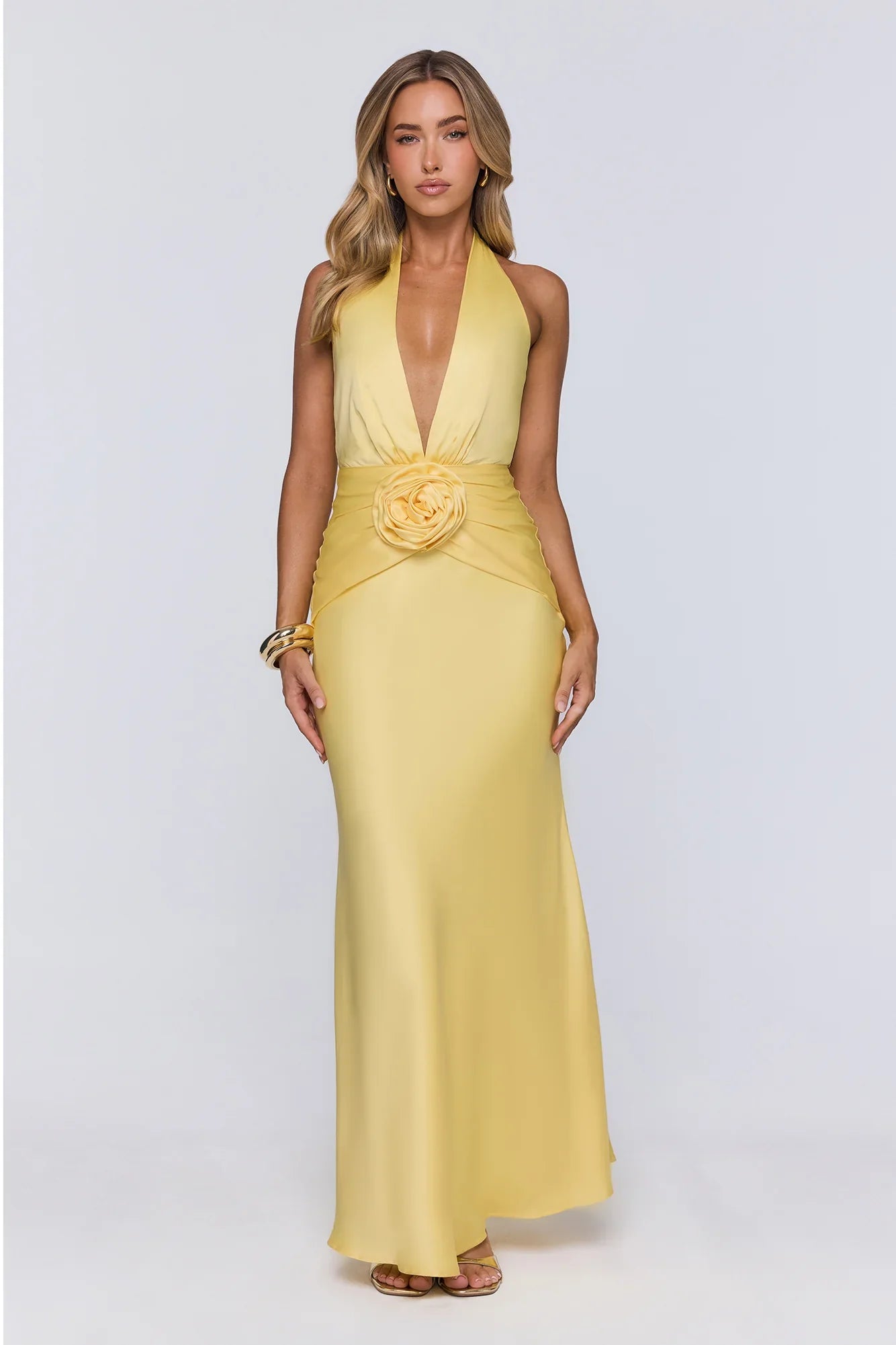 Vibe Star Halter Satin Maxi Dress Yellow