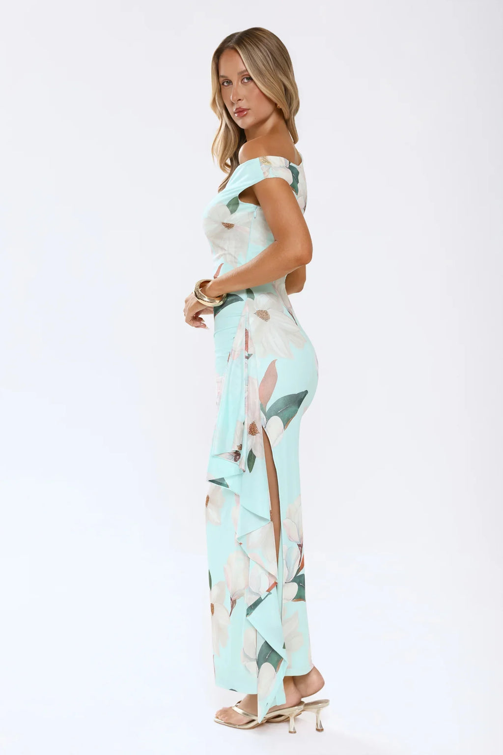 Ocean Bloom One Shoulder Mesh Maxi Dress Mint