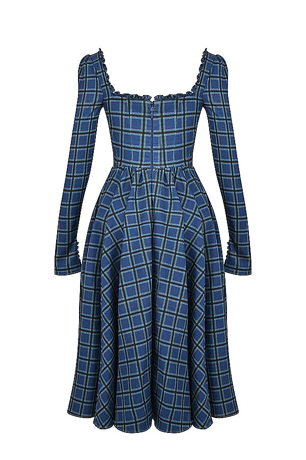 blue tartan midi dress