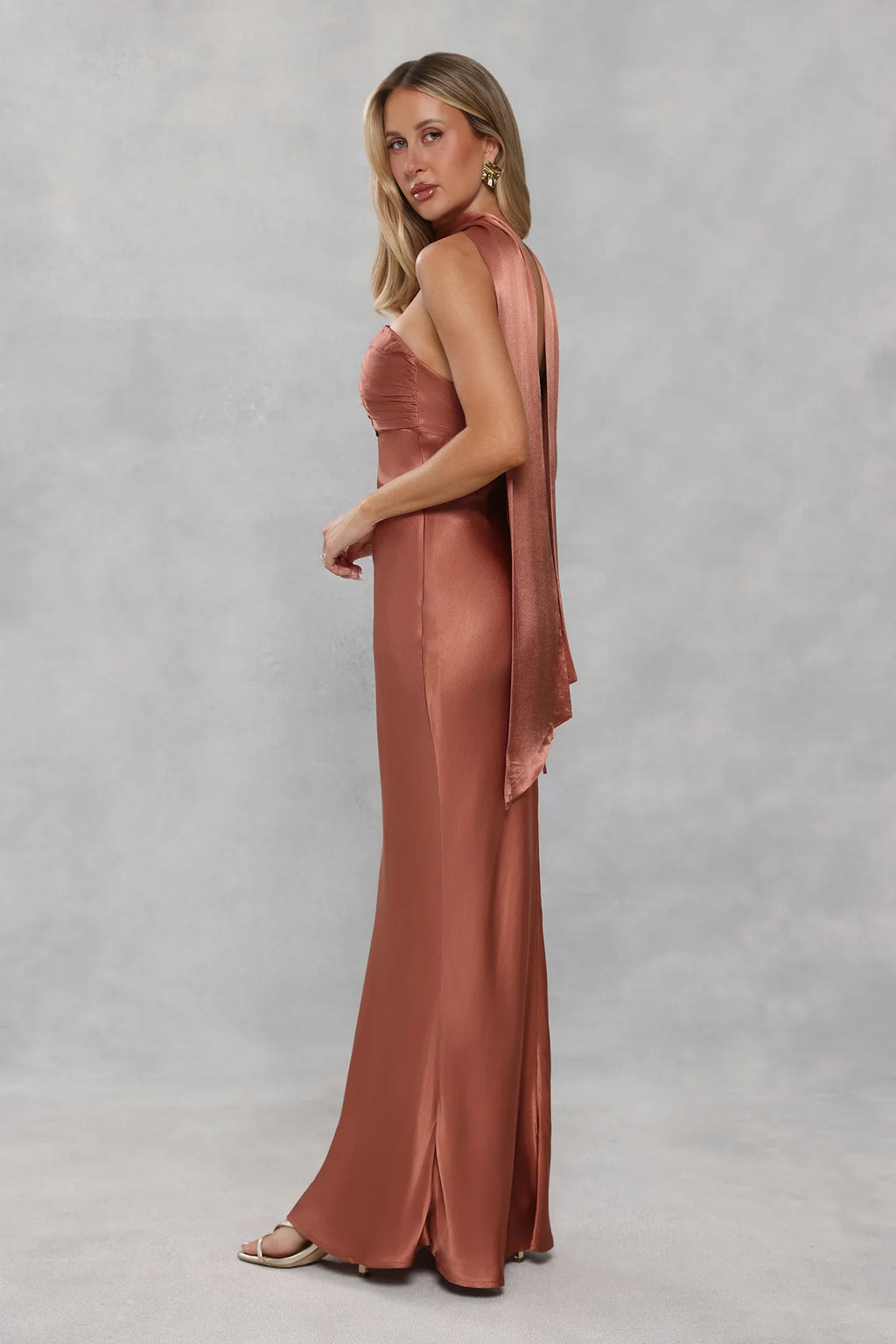 The Seraphina Strapless Satin Maxi Dress Bronze