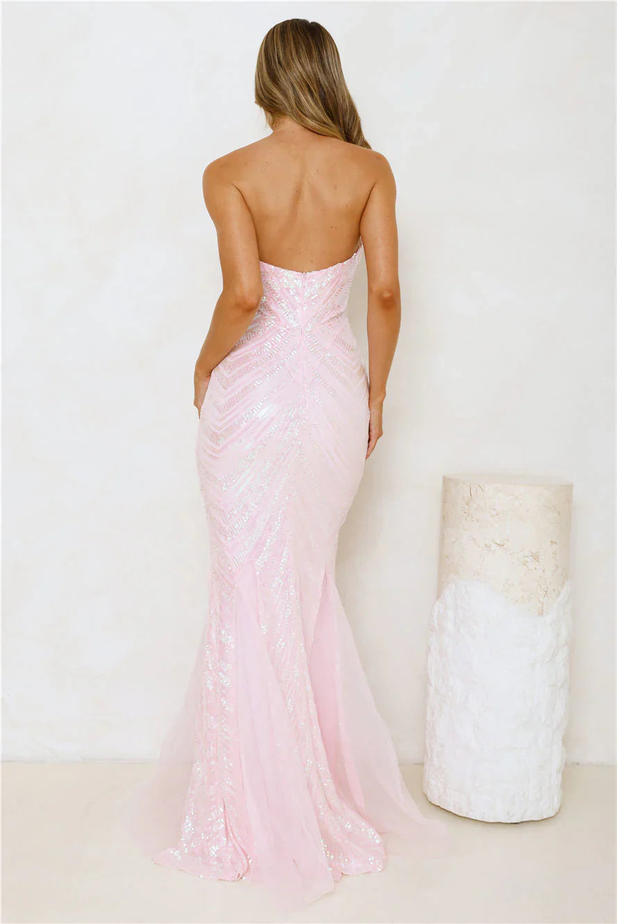 Fancy Dressed Strapless Sequin Maxi Dress Pink