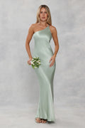 The Evangeline One Shoulder Satin Maxi Dress Sage Green