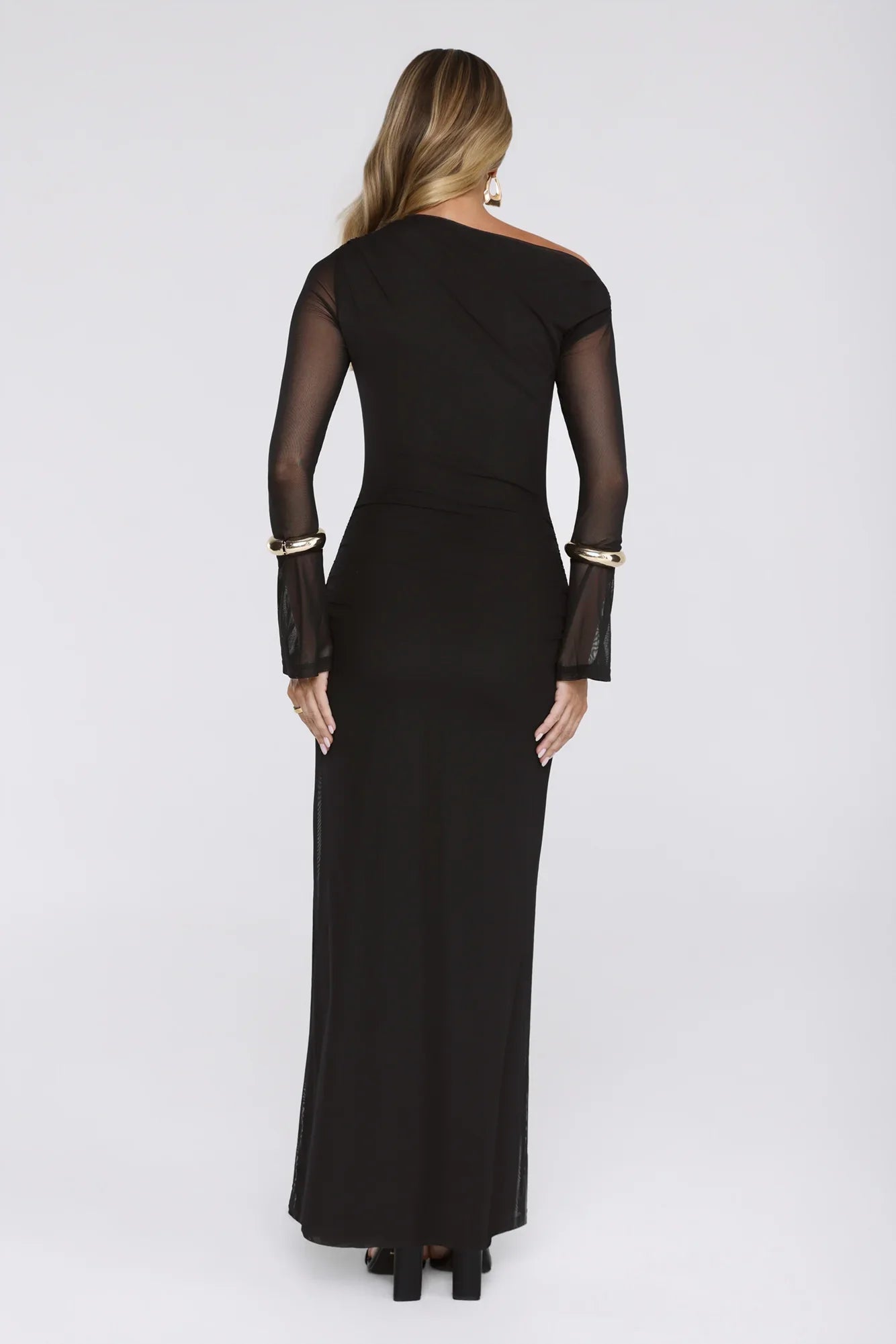 Effortlessly Influential Off Shoulder Mesh Long Sleeve Maxi Dress Black