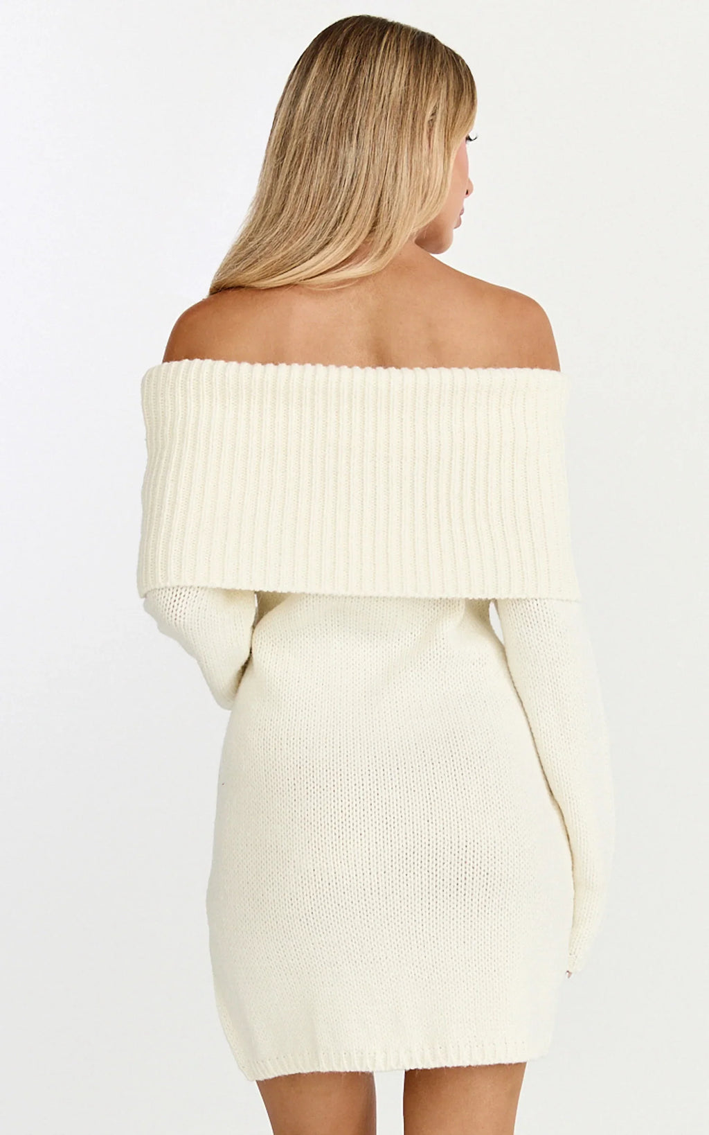 Erin Mini Dress - Cable Knit Off Shoulder Long Sleeve Dress in Cream