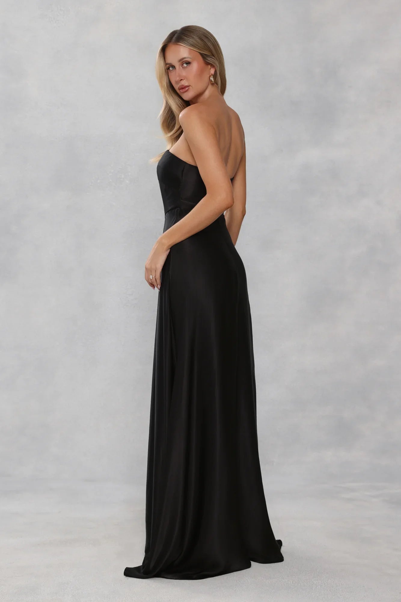 The Serina Strapless Satin Maxi Dress Black