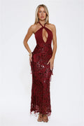 Spin For Me Sequin Halter Maxi Dress Burgundy