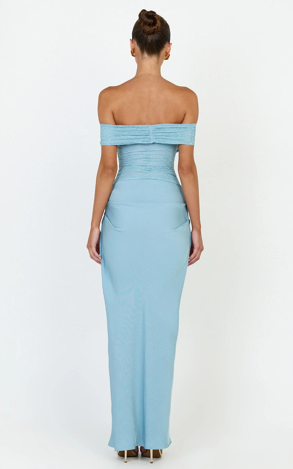 Thalassa Maxi Dress - Lace Off Shoulder Contrast Draped Cowl Waist Dress in Light Blue