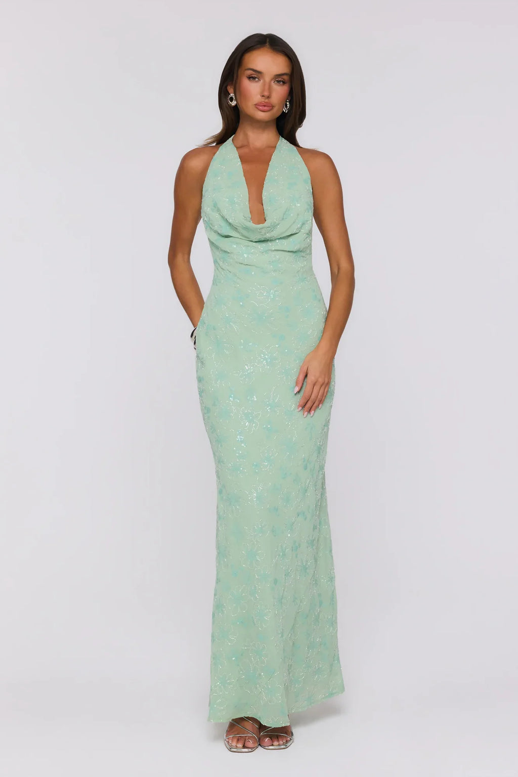 Bling It Babe Beaded Halter Maxi Dress Sage