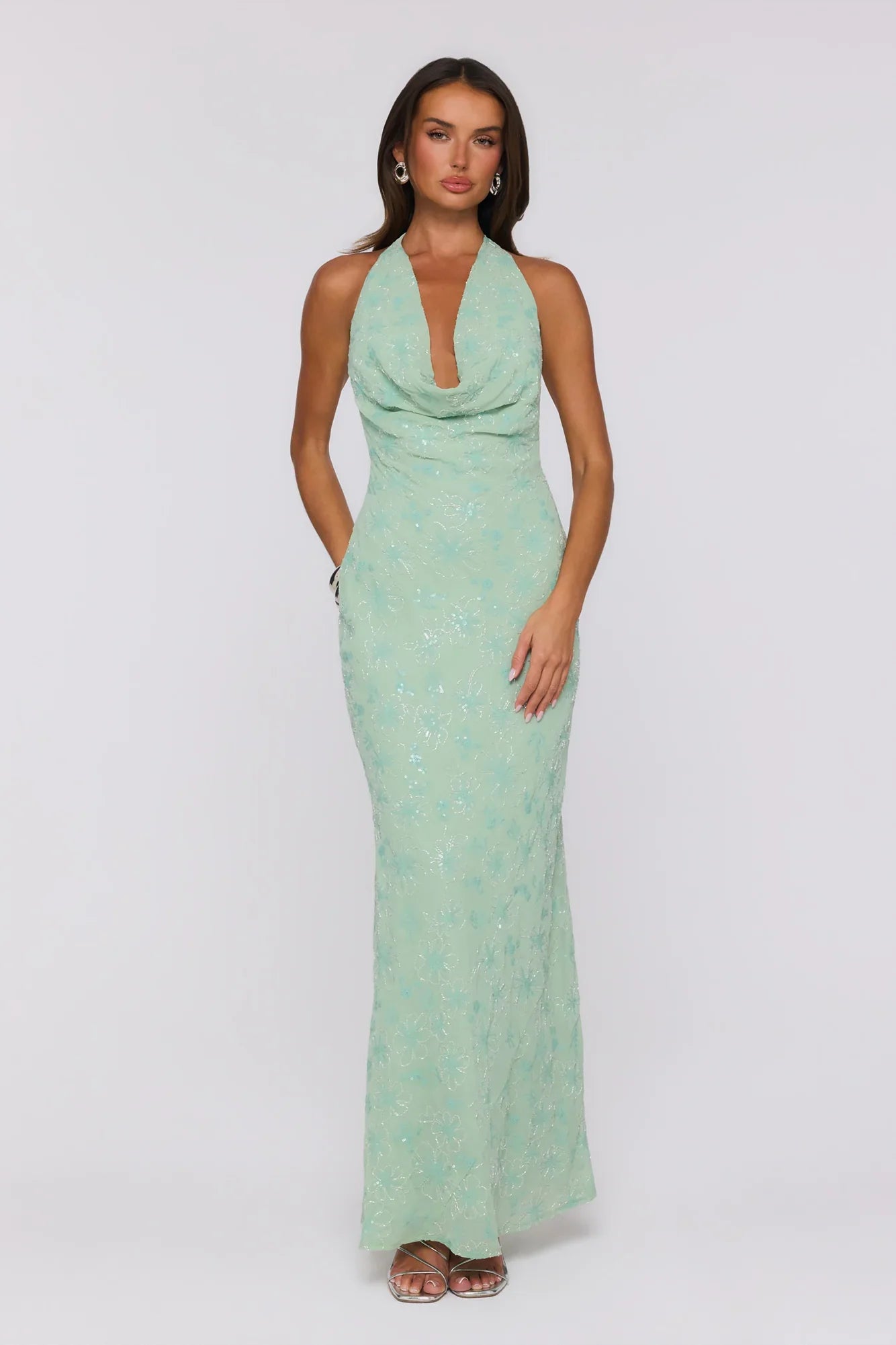 Bling It Babe Beaded Halter Maxi Dress Sage
