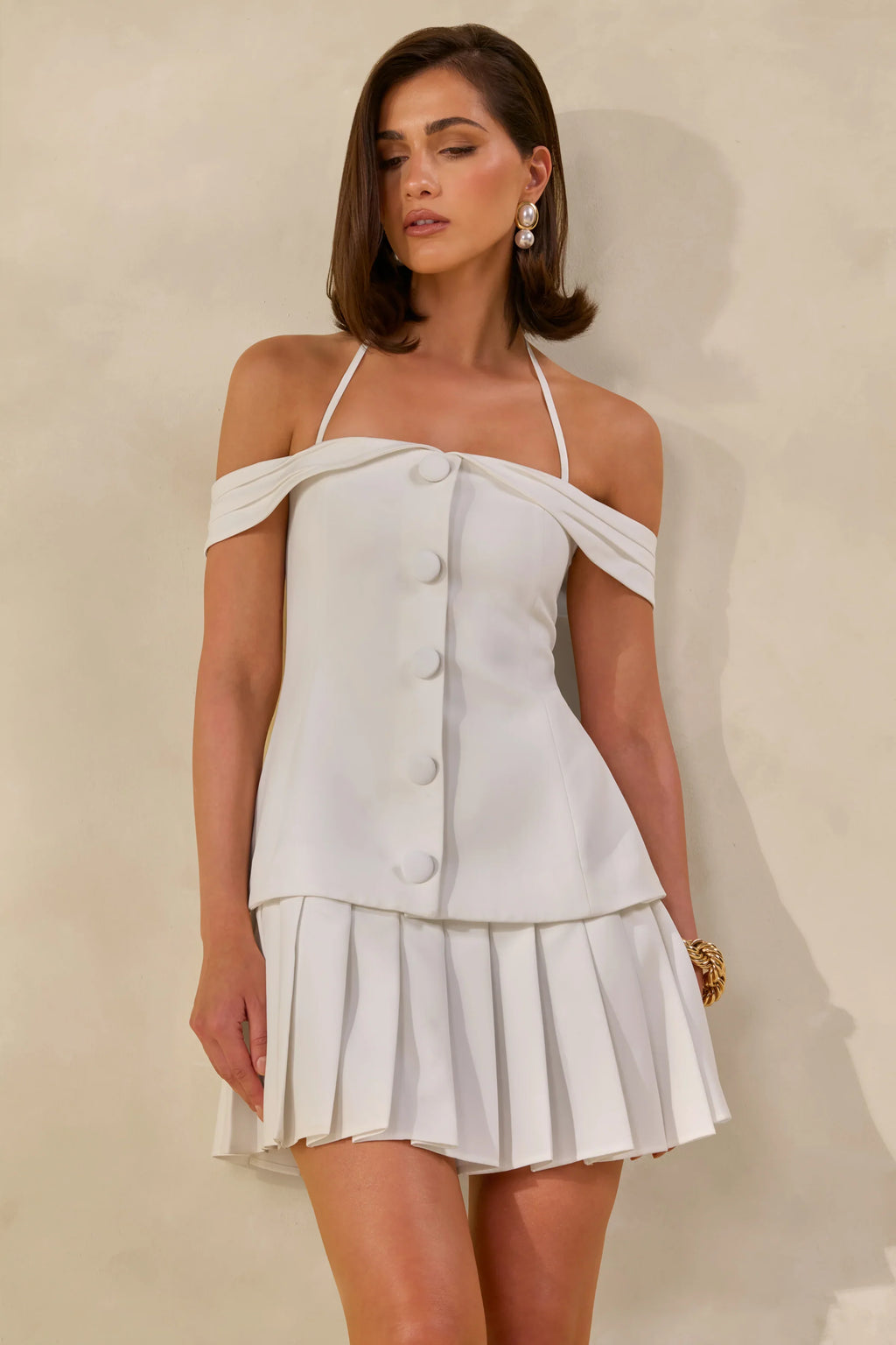 Celeta | White Bardot-Neck Mini Dress With Button-Detailing And Pleated-Hem
