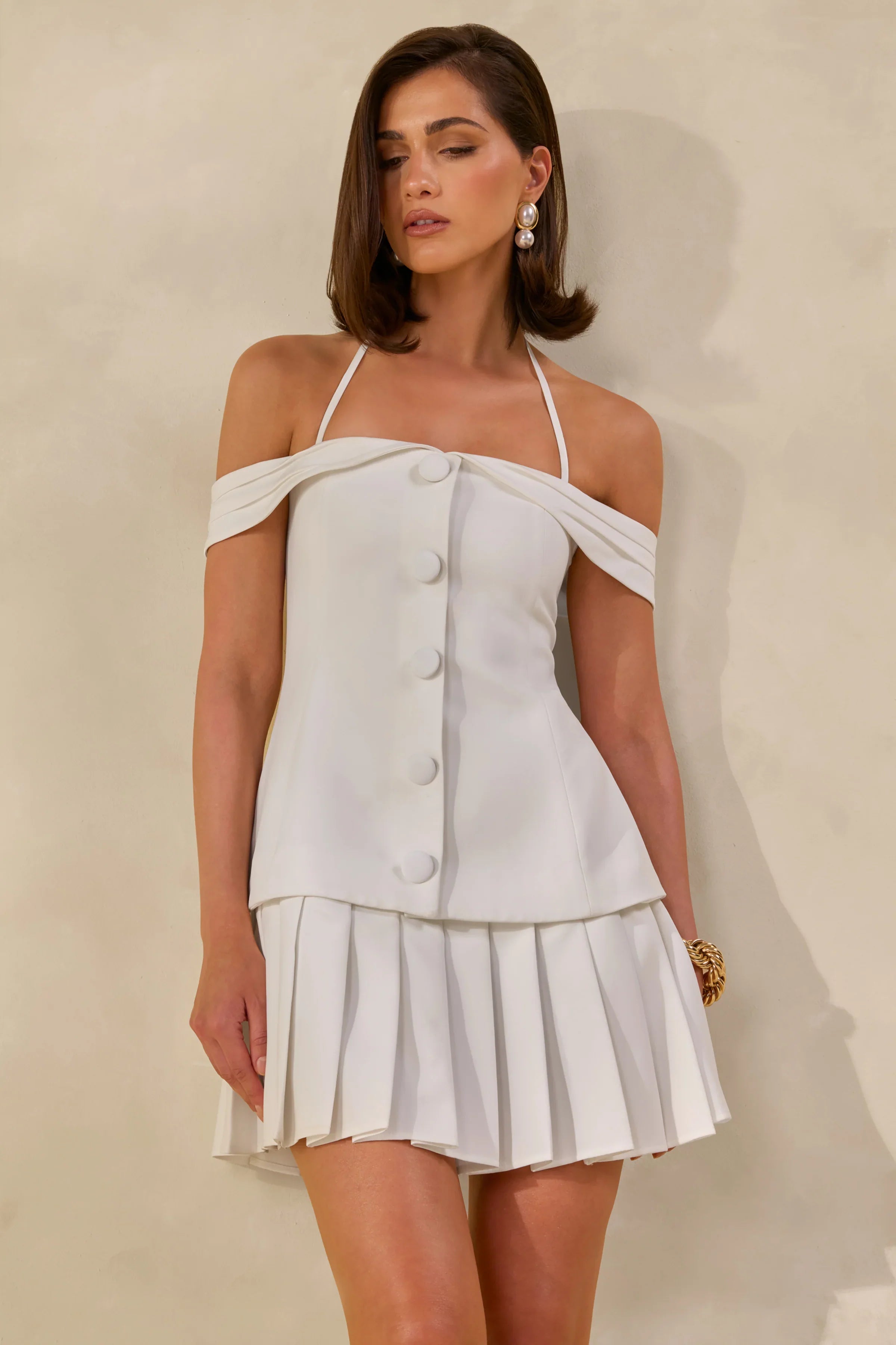 Celeta | White Bardot-Neck Mini Dress With Button-Detailing And Pleated-Hem