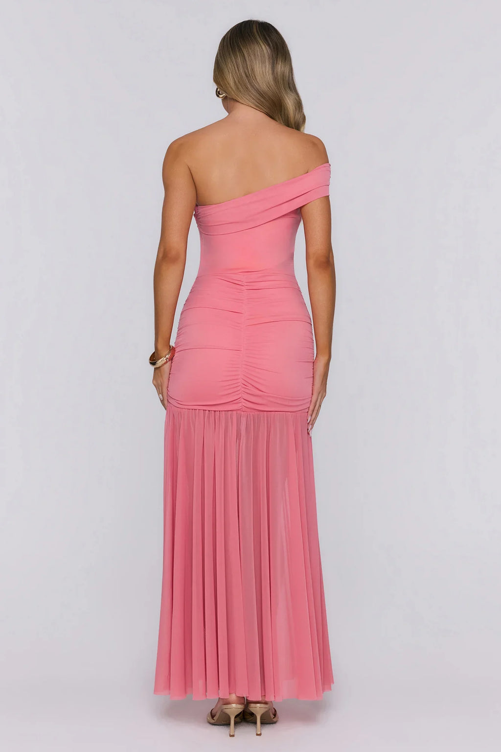 Moonlit Whisper One Shoulder Mesh Maxi Dress Pink