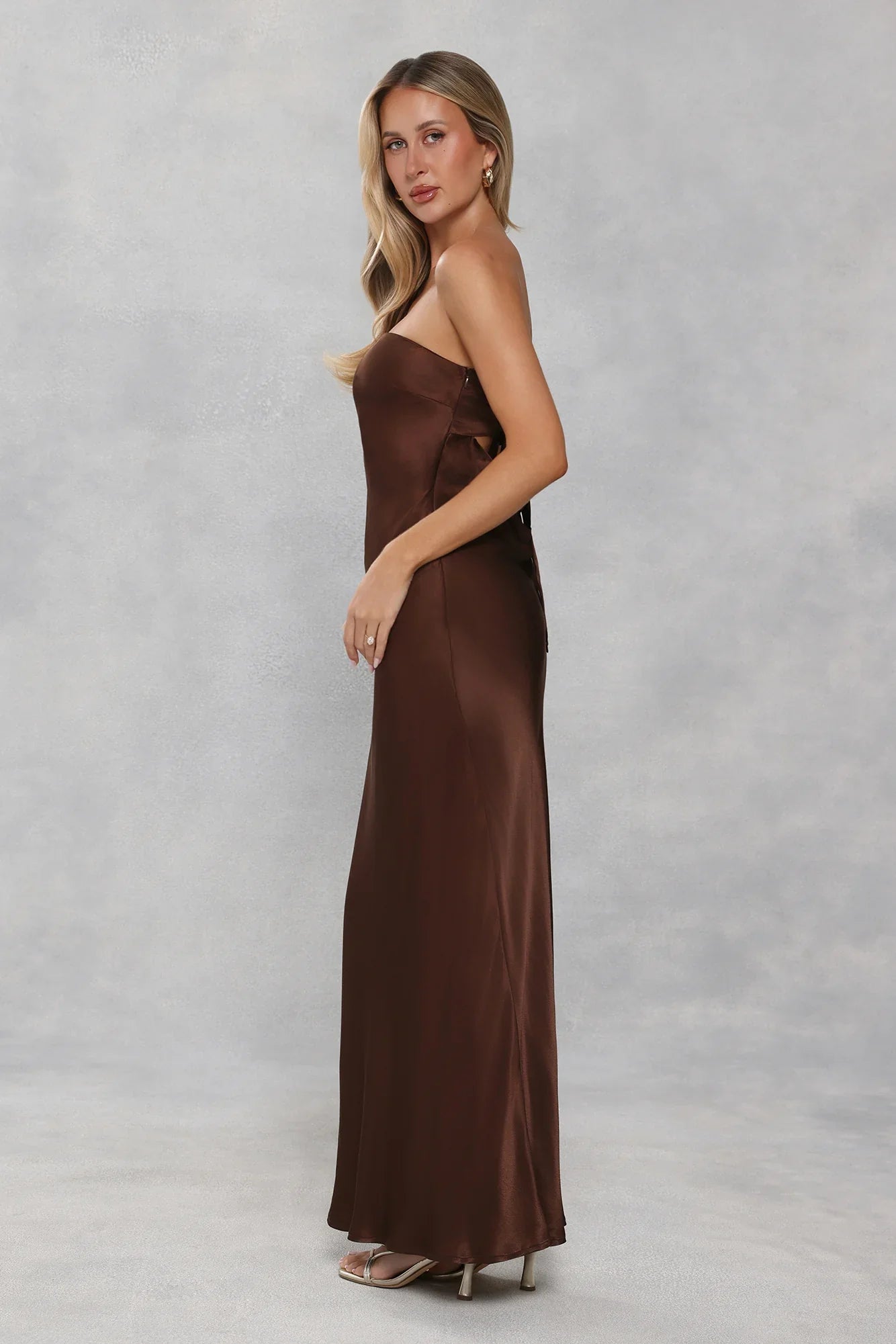The Felicity Strapless Satin Maxi Dress Chocolate Brown