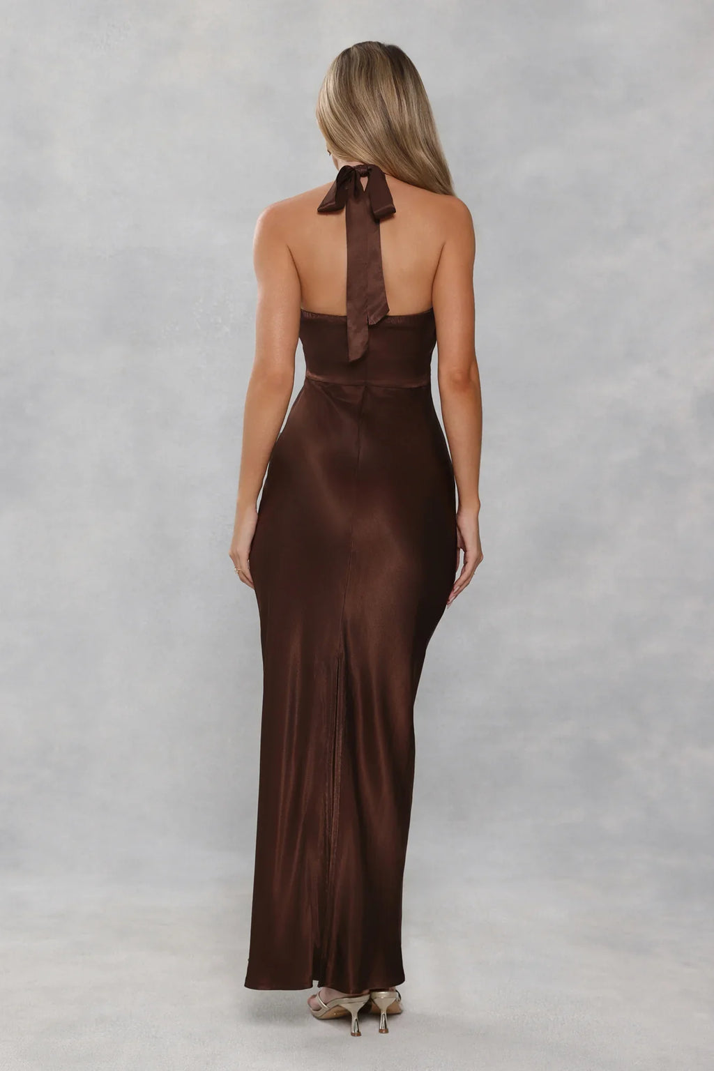 The Cleo Halter Satin Maxi Dress Chocolate Brown
