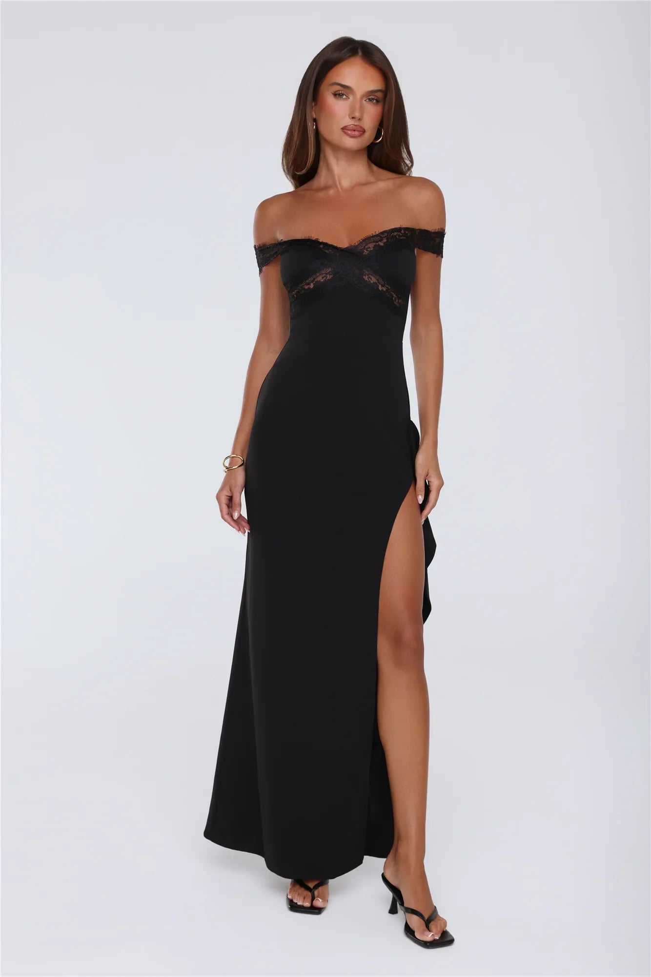 Ethereal Lace Off Shoulder Maxi Dress Black