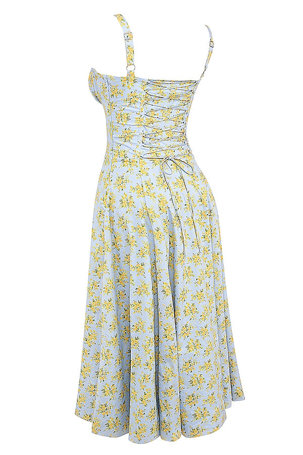 soft blue vintage floral print cotton bustier sundress