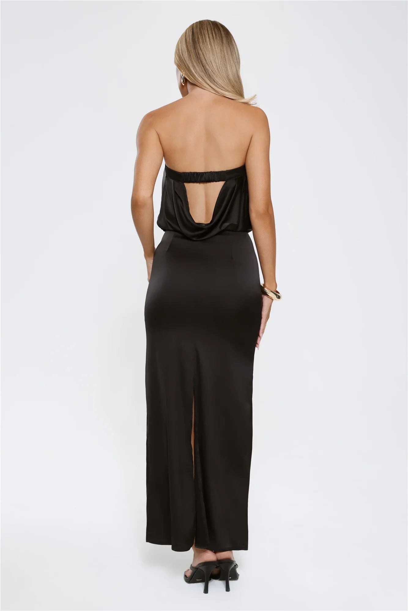 It’s Giving Everything Satin Strapless Maxi Dress Black