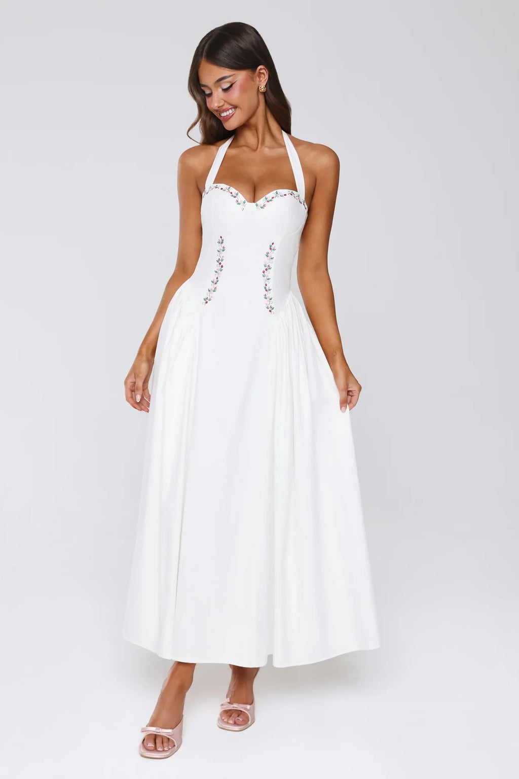 Vintage Fleur Halter Maxi Dress White