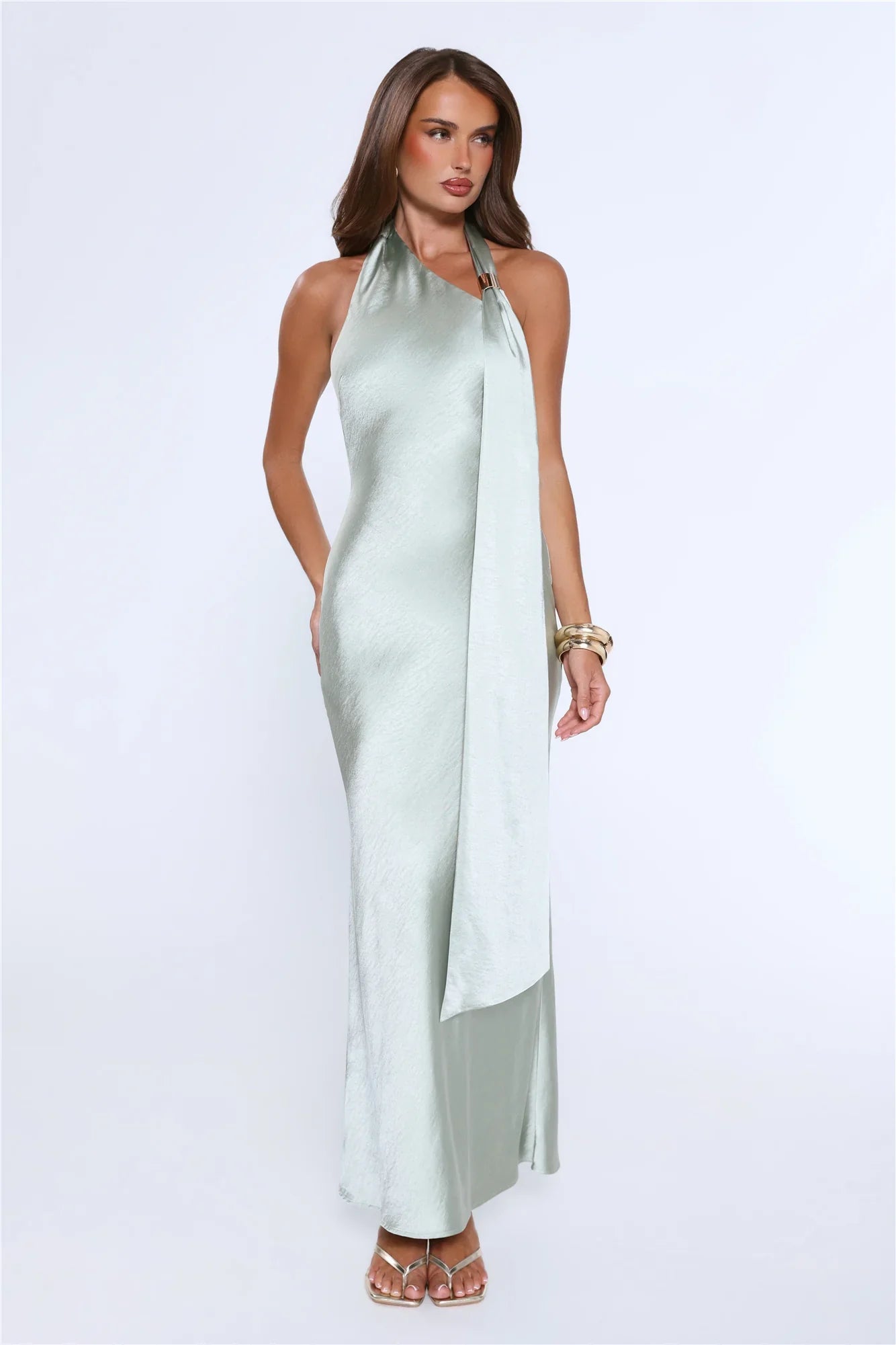 In My Moment Halter Satin Maxi Dress Sage