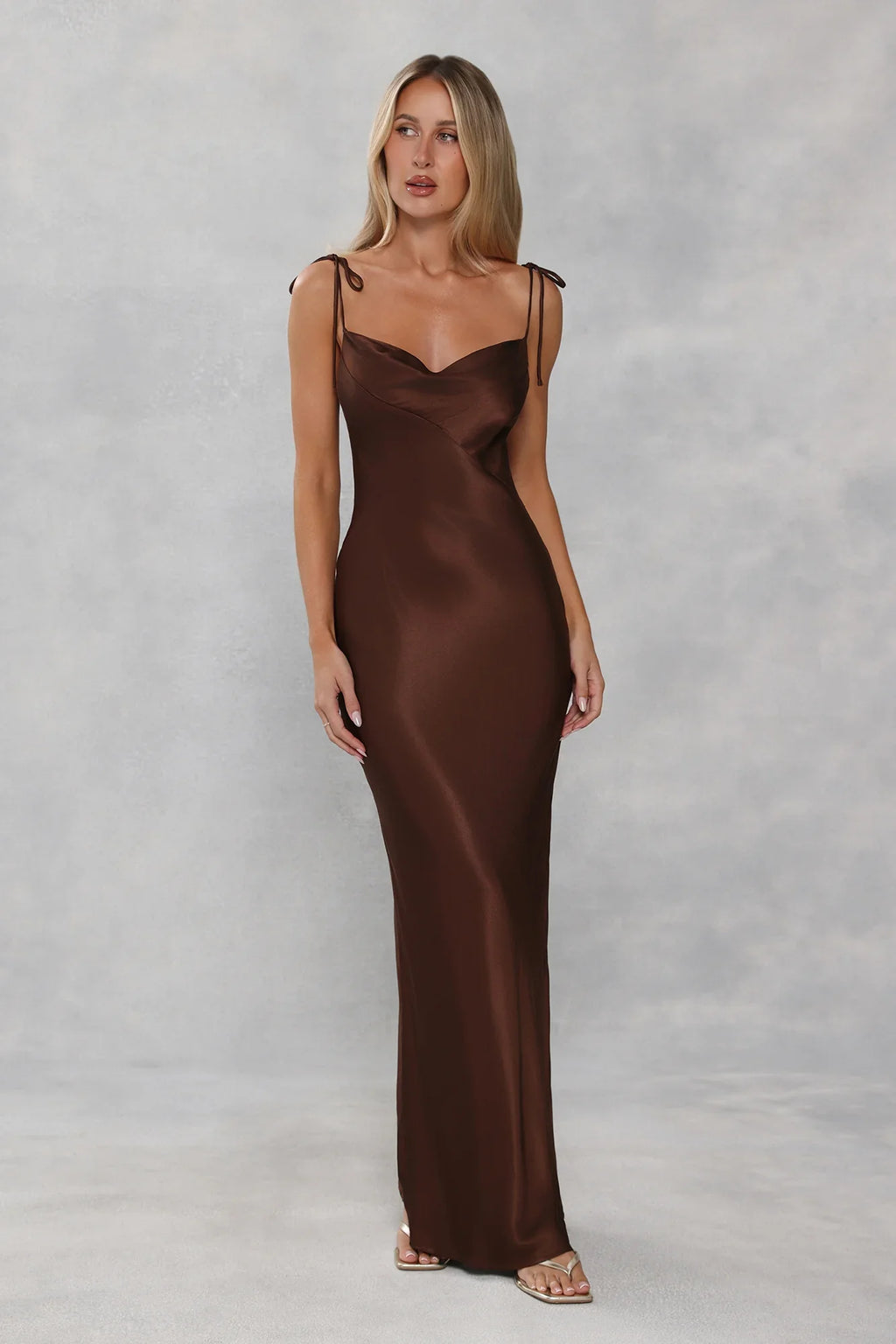 The Penelope Cowl Satin Maxi Dress Chocolate Brown