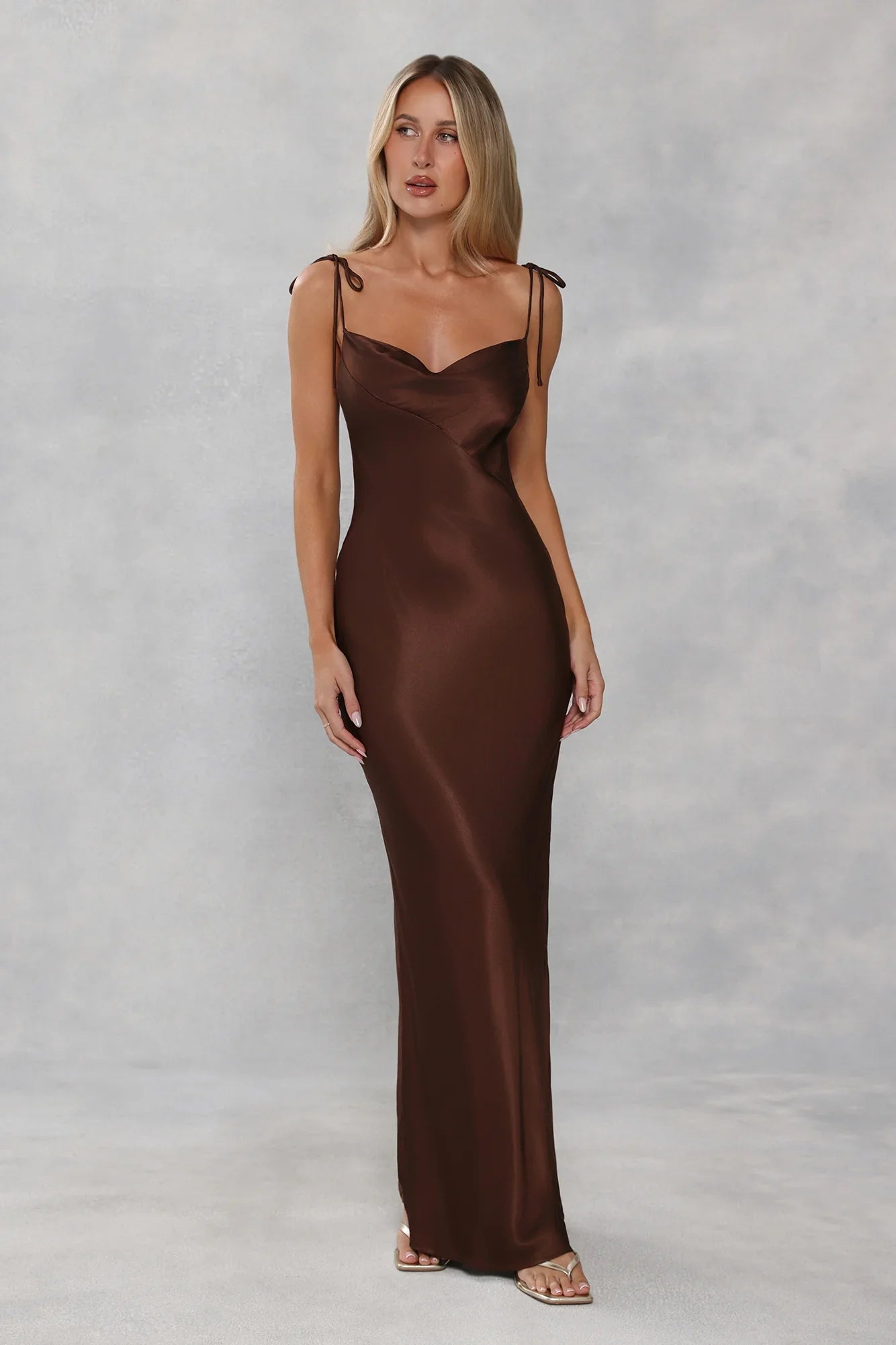 The Penelope Cowl Satin Maxi Dress Chocolate Brown