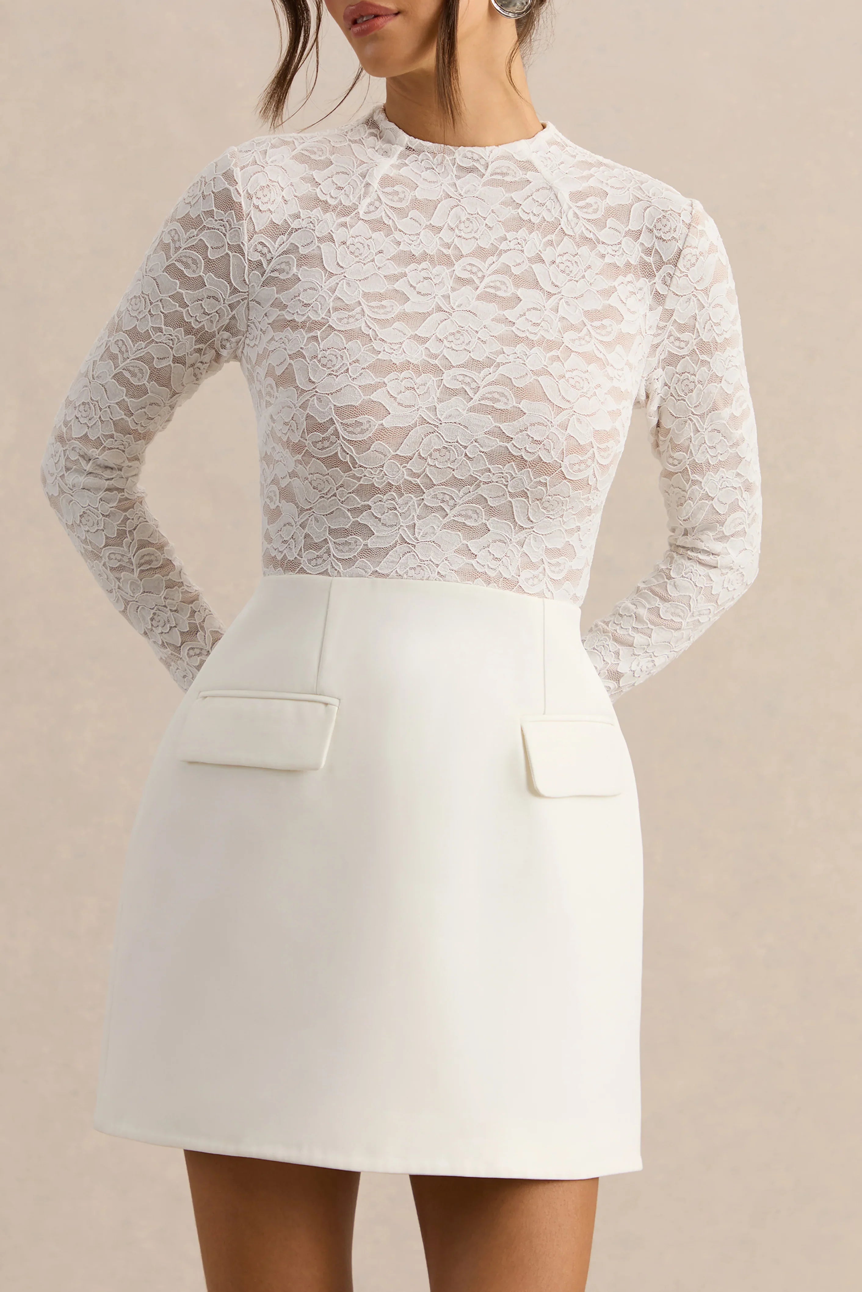 Mysteria | White High-Neck Lace Mini-Dress With Pocket-Details