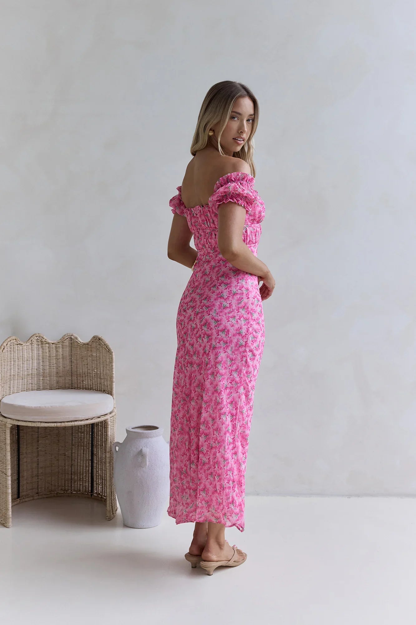 Kissed By The Sun Off Shoulder Maxi Dress Pink