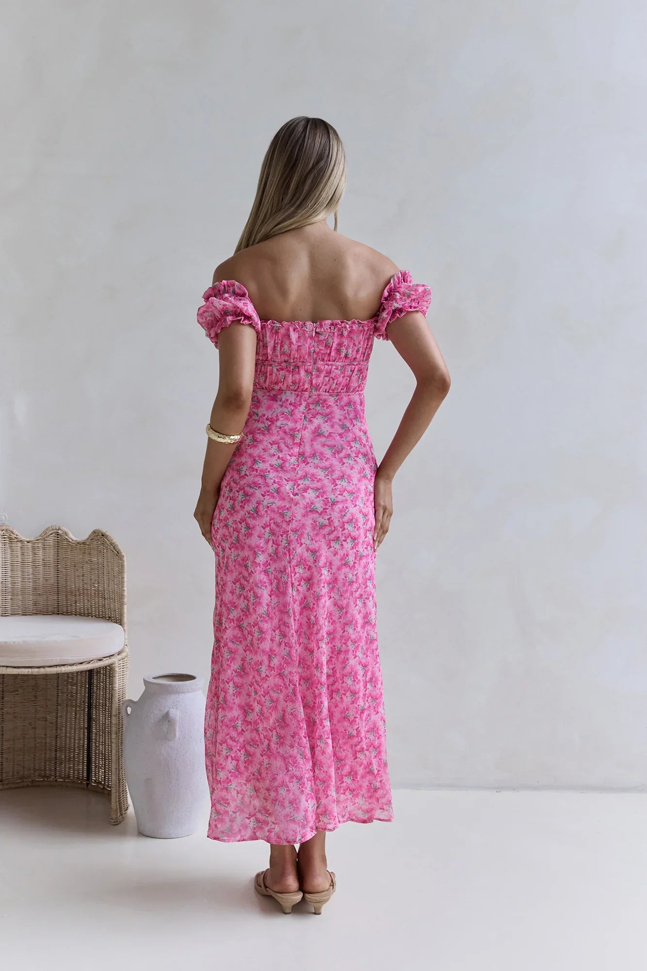 Kissed By The Sun Off Shoulder Maxi Dress Pink