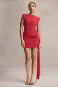 Aubrey | Red High-Neck Wrapped Mini Dress With Sash