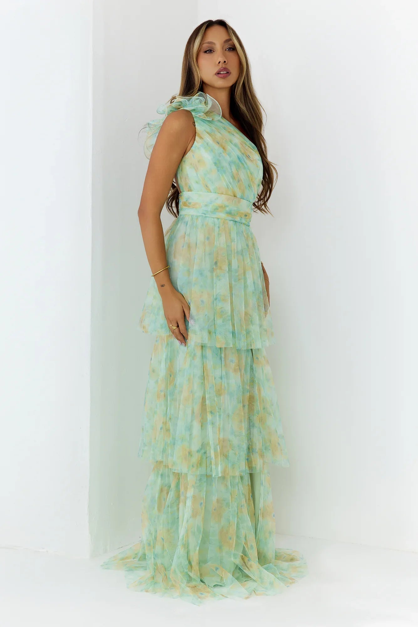Bloom And Flow One Shoulder Tiered Maxi Dress Green