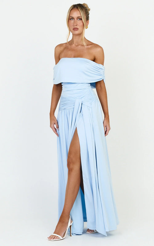 Bree Maxi Dress - Off Shoulder Draped Sash Dress in Blue