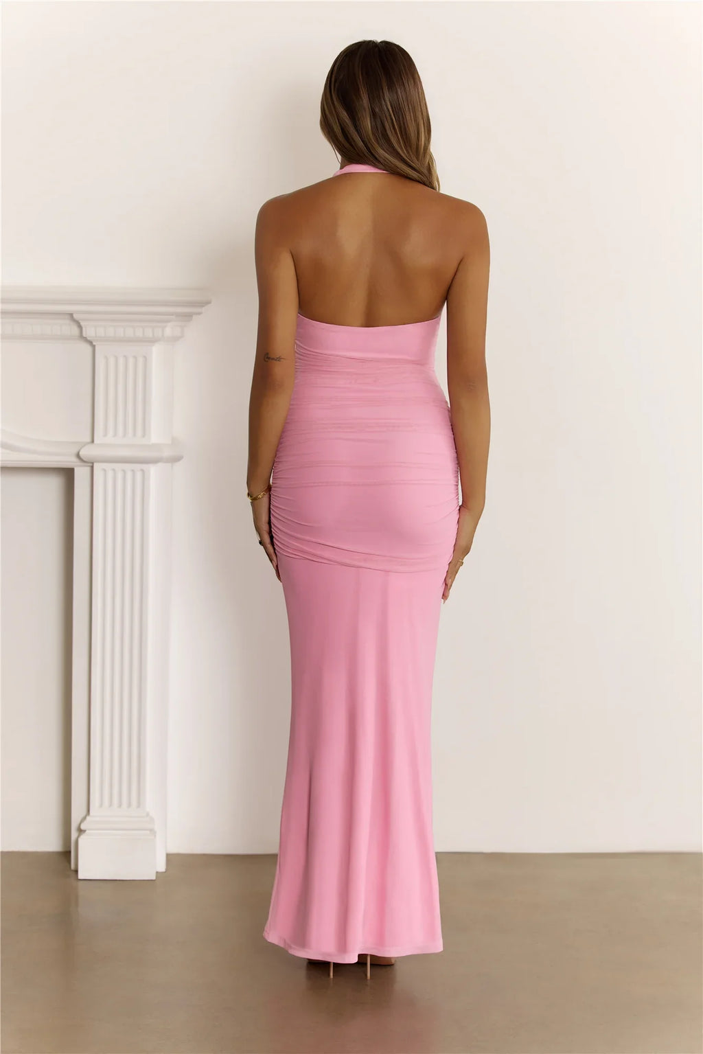 Sultry Ruched Halter Maxi Dress Pink