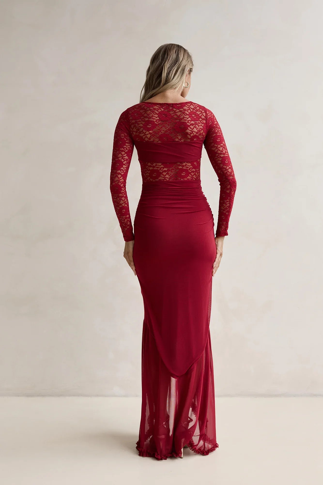 Flirtation Hour Lace Long Sleeve Maxi Dress Burgundy