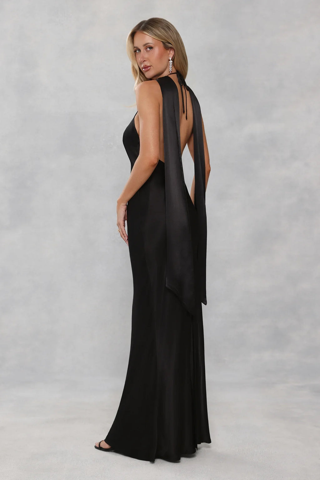 The Vivia Halter Satin Maxi Dress Black